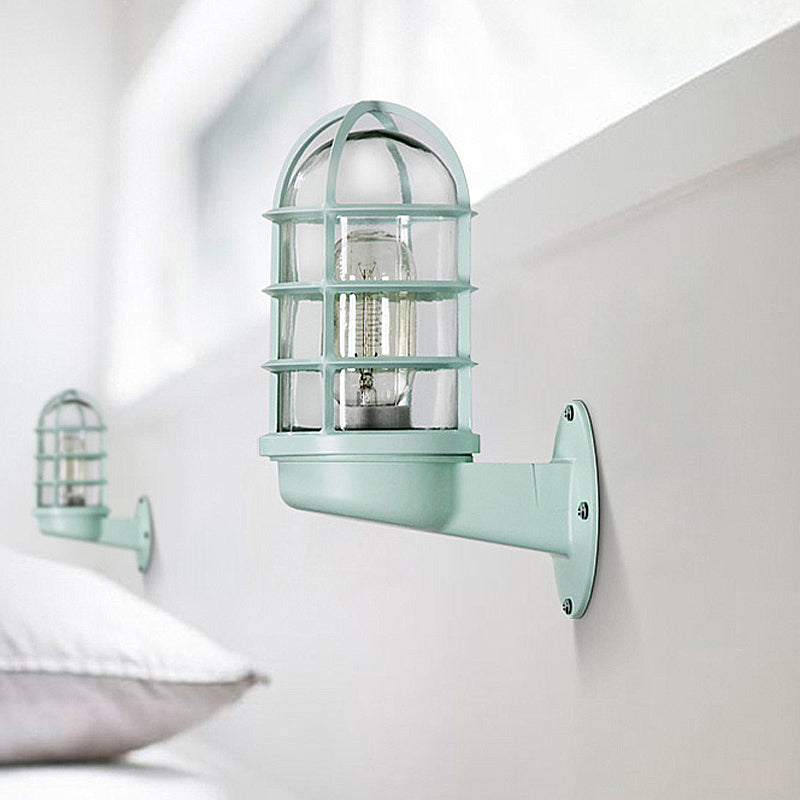 BowLift | Cylinder Clear Glass Wall Mounted Lamp Industrial Single Bulb Living Room Wall Light in Pink/Blue/Green with Cage