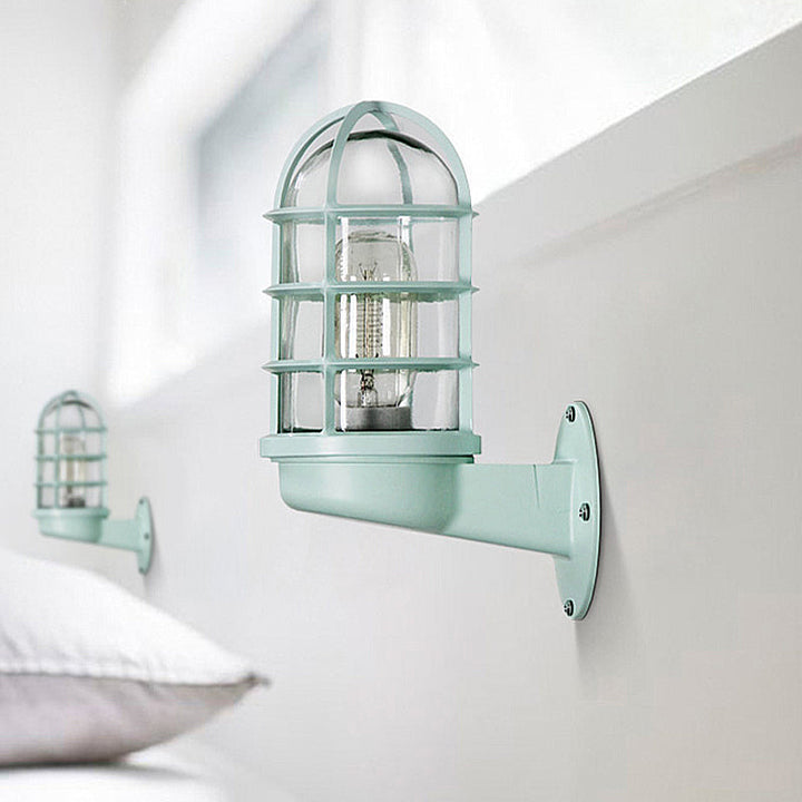 BowLift | Cylinder Clear Glass Wall Mounted Lamp Industrial Single Bulb Living Room Wall Light in Pink/Blue/Green with Cage