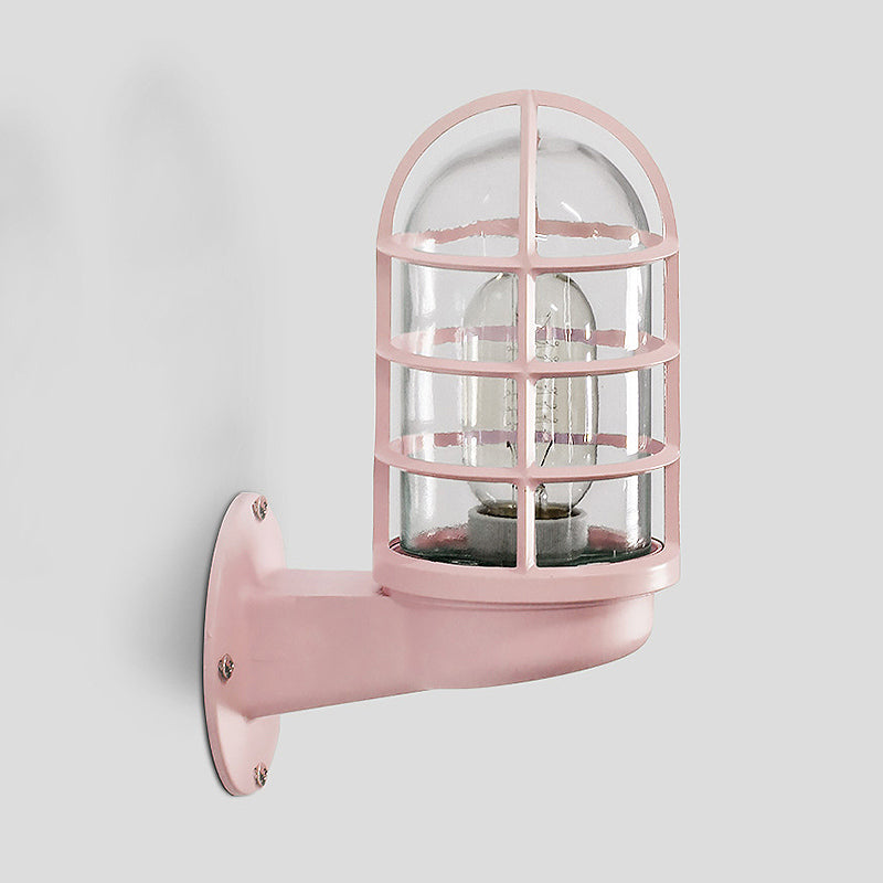 BowLift | Cylinder Clear Glass Wall Mounted Lamp Industrial Single Bulb Living Room Wall Light in Pink/Blue/Green with Cage