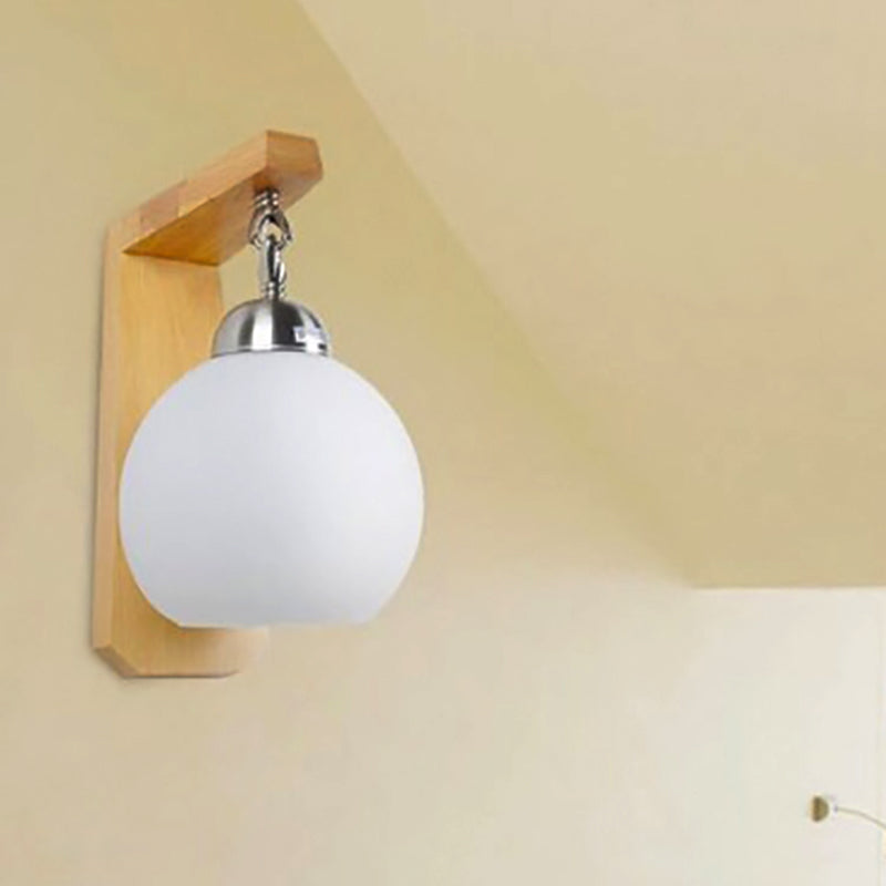 BowLift | Opal Glass Globe Shade Wall Lamp Industrial 1 Light Bedroom Lighting Fixture with Wooden Back Plate