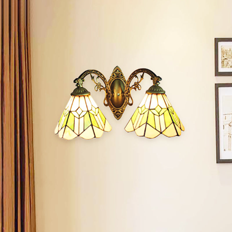 BowLift | Vintage Cone Wall Spotlight Light with Curved Arm 2 Lights Stained Glass Wall Lamp in Green