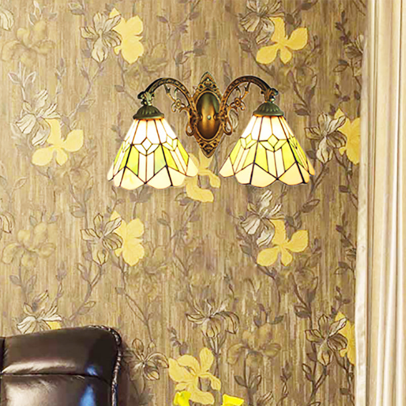 BowLift | Vintage Cone Wall Spotlight Light with Curved Arm 2 Lights Stained Glass Wall Lamp in Green
