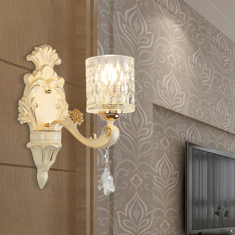 BowLift | Cylinder Wall Light Modern Clear Dimpled Glass 1/2 Heads Gold Wall Mounted Light with Crystal Drops