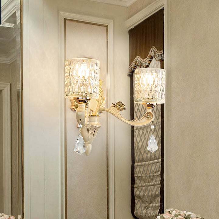 BowLift | Cylinder Wall Light Modern Clear Dimpled Glass 1/2 Heads Gold Wall Mounted Light with Crystal Drops