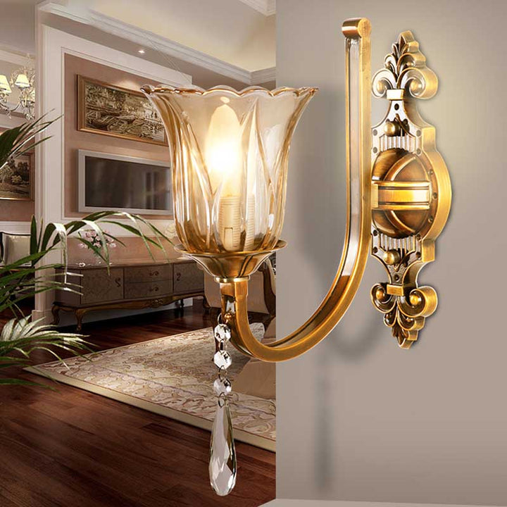 BowLift | Cognac Glass Flower Wall Mounted Light Vintage 1/2 Heads Brass Wall Light with Crystal Drops