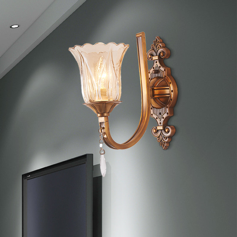 BowLift | Cognac Glass Flower Wall Mounted Light Vintage 1/2 Heads Brass Wall Light with Crystal Drops