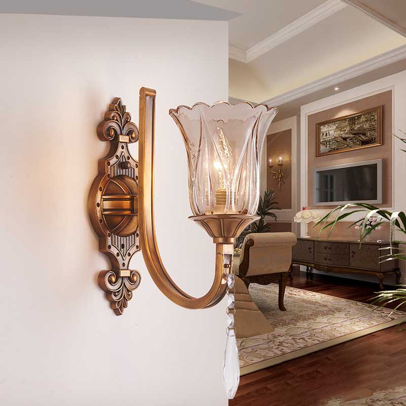 BowLift | Cognac Glass Flower Wall Mounted Light Vintage 1/2 Heads Brass Wall Light with Crystal Drops