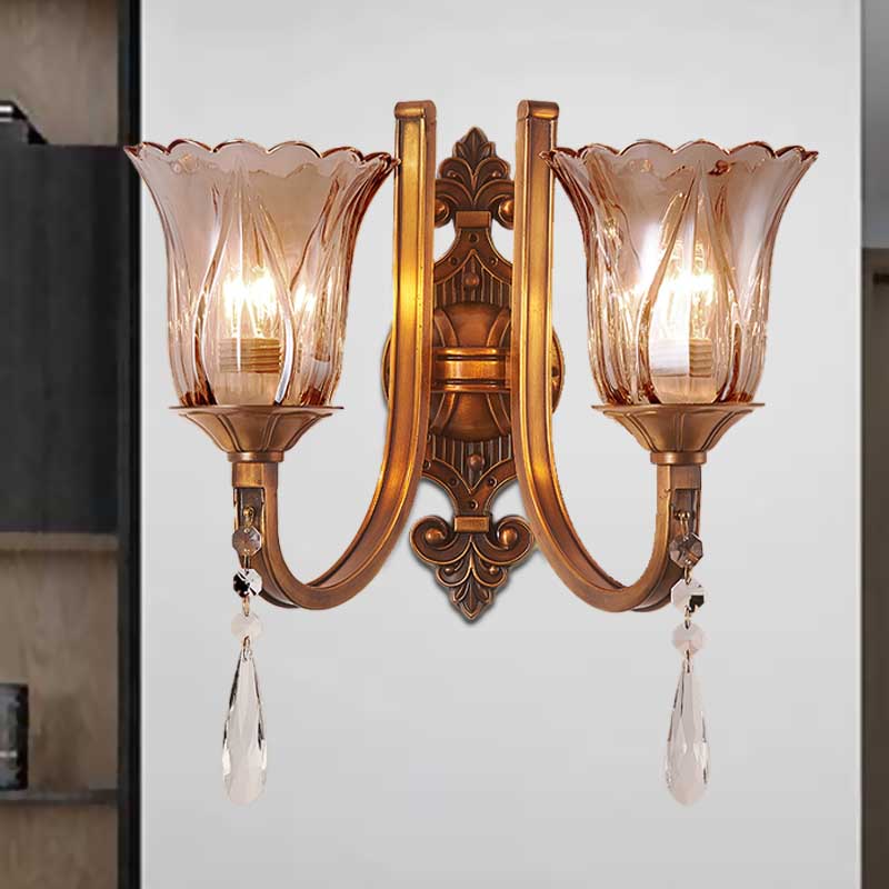 BowLift | Cognac Glass Flower Wall Mounted Light Vintage 1/2 Heads Brass Wall Light with Crystal Drops