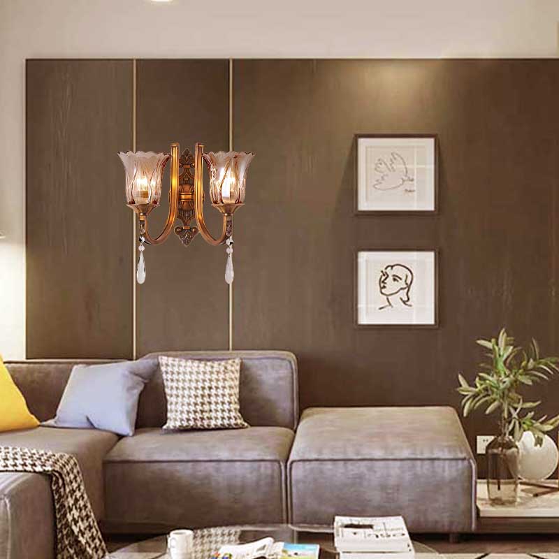 BowLift | Cognac Glass Flower Wall Mounted Light Vintage 1/2 Heads Brass Wall Light with Crystal Drops