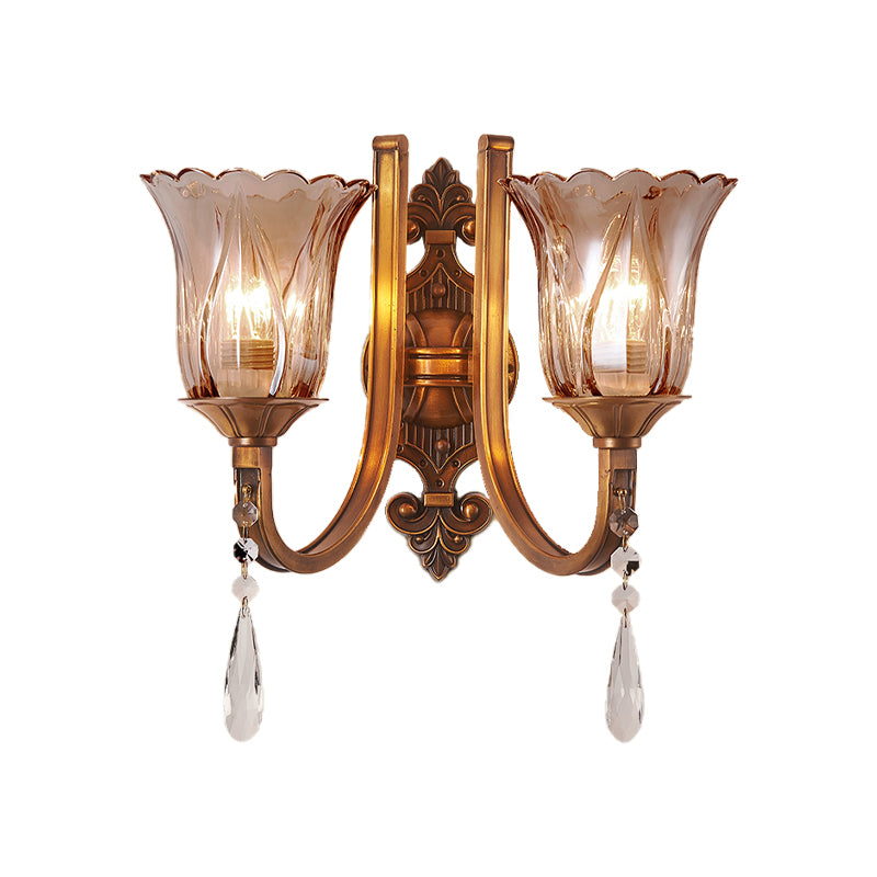 BowLift | Cognac Glass Flower Wall Mounted Light Vintage 1/2 Heads Brass Wall Light with Crystal Drops
