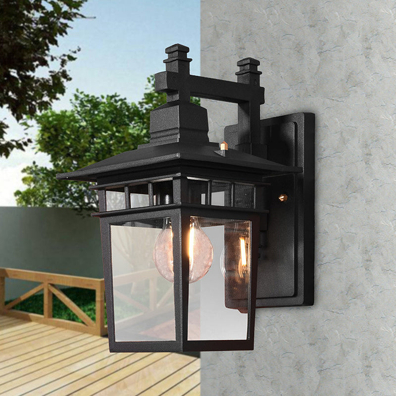 BowLift | Lantern Clear Glass Wall Hanging Lamp Industrial Single Bulb Veranda Wall Light in Black