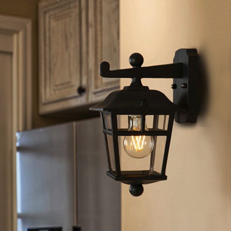 BowLift | Lantern Clear Glass Wall Hanging Lamp Industrial Single Bulb Veranda Wall Light in Black