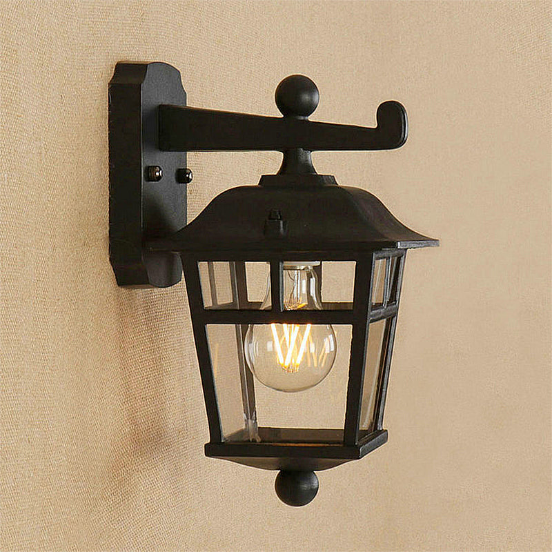 BowLift | Lantern Clear Glass Wall Hanging Lamp Industrial Single Bulb Veranda Wall Light in Black
