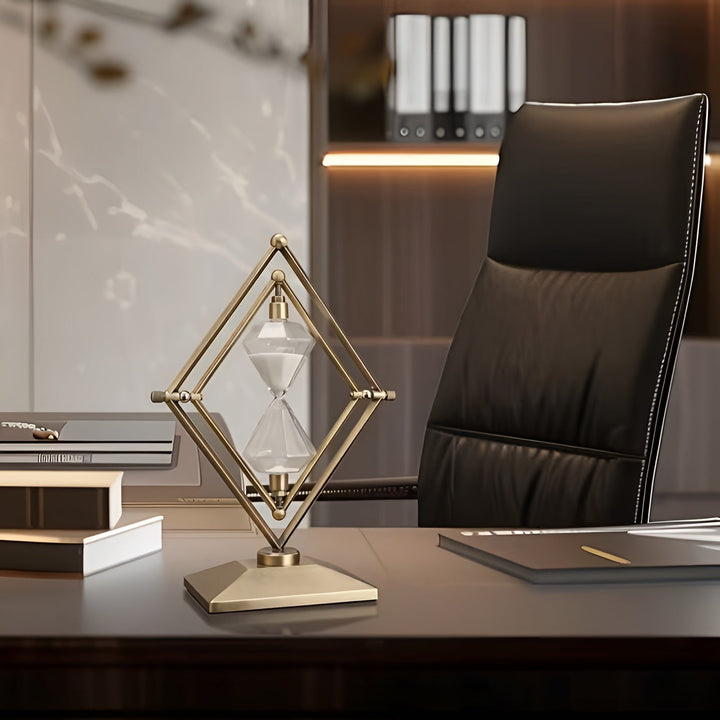 Hourglass with geometric metal frame – Decorative and relaxing | With white sand as meditation timer | Bowlift