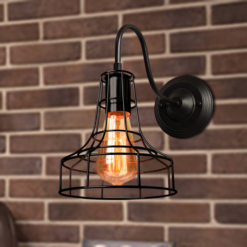 BowLift | Metal Shed Wall Lamp Industrial Style 1 Lamp Black Wall Mounted Lamp with Wire Frame and Gooseneck Arm