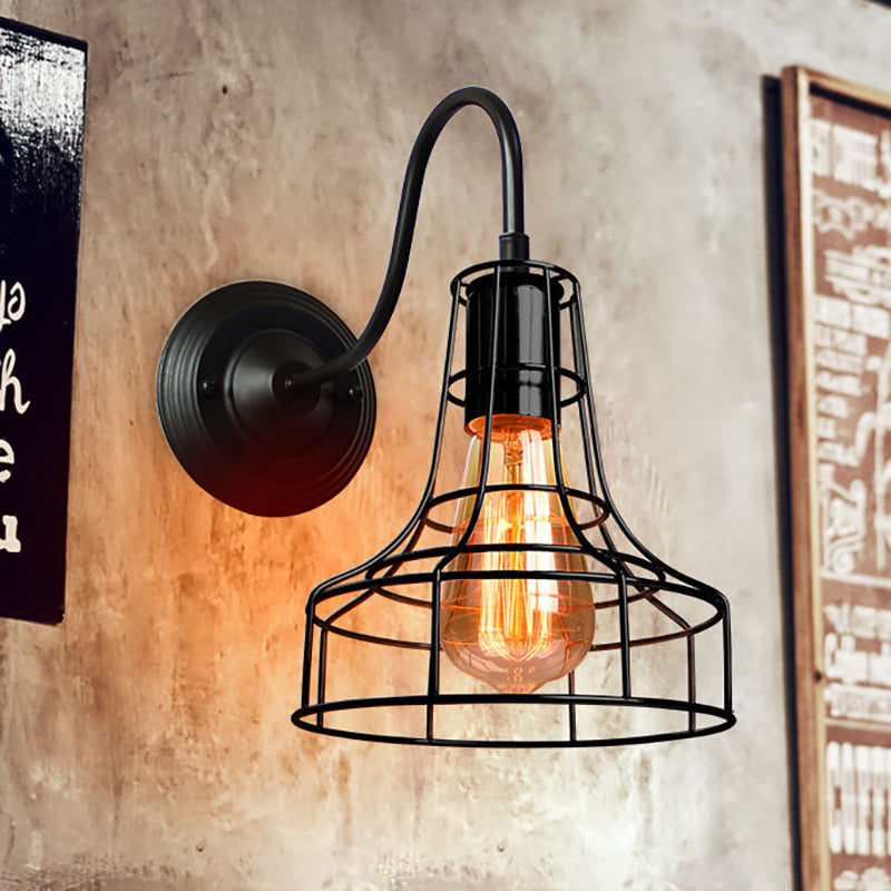 BowLift | Metal Shed Wall Lamp Industrial Style 1 Lamp Black Wall Mounted Lamp with Wire Frame and Gooseneck Arm