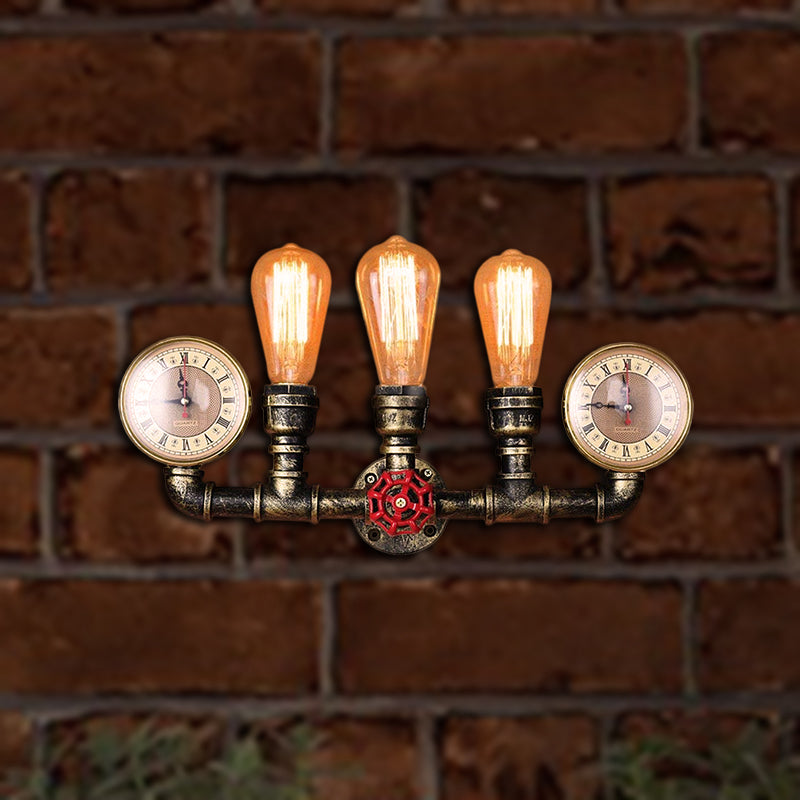 BowLift | Antique Brass Pipe Wall Lamp Rustic Stylish 3 Heads Wrought Iron Wall Lamp Fixture with Manometer and Valve Deco