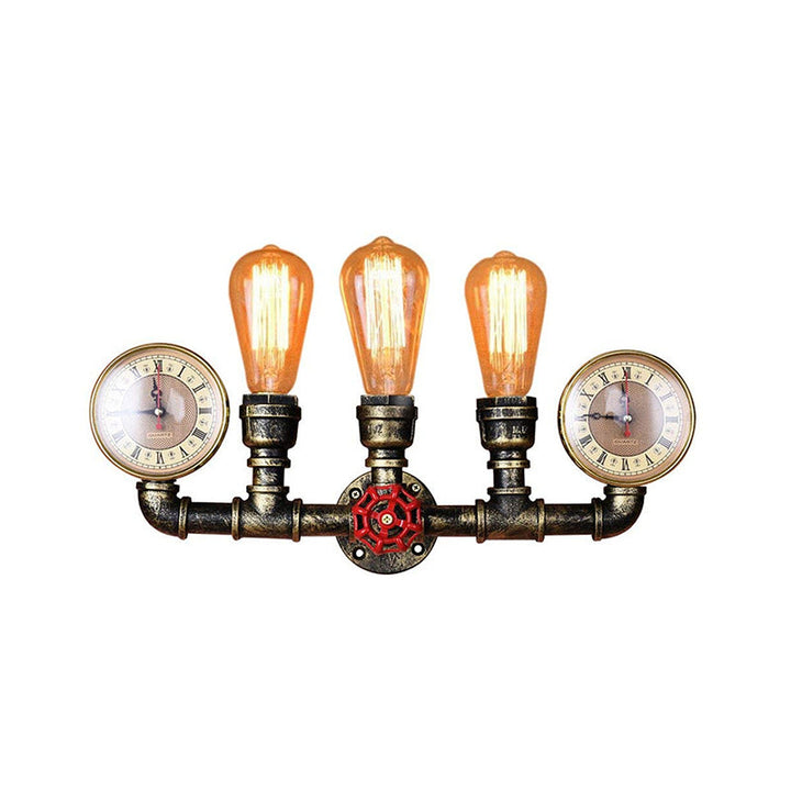 BowLift | Antique Brass Pipe Wall Lamp Rustic Stylish 3 Heads Wrought Iron Wall Lamp Fixture with Manometer and Valve Deco