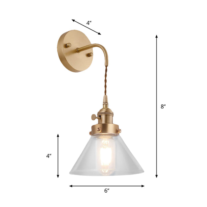BowLift | Clear Conical Glass Shade Wall Lamp Vintage Retro 1 Light Wall Lamp Wall Light in Brass