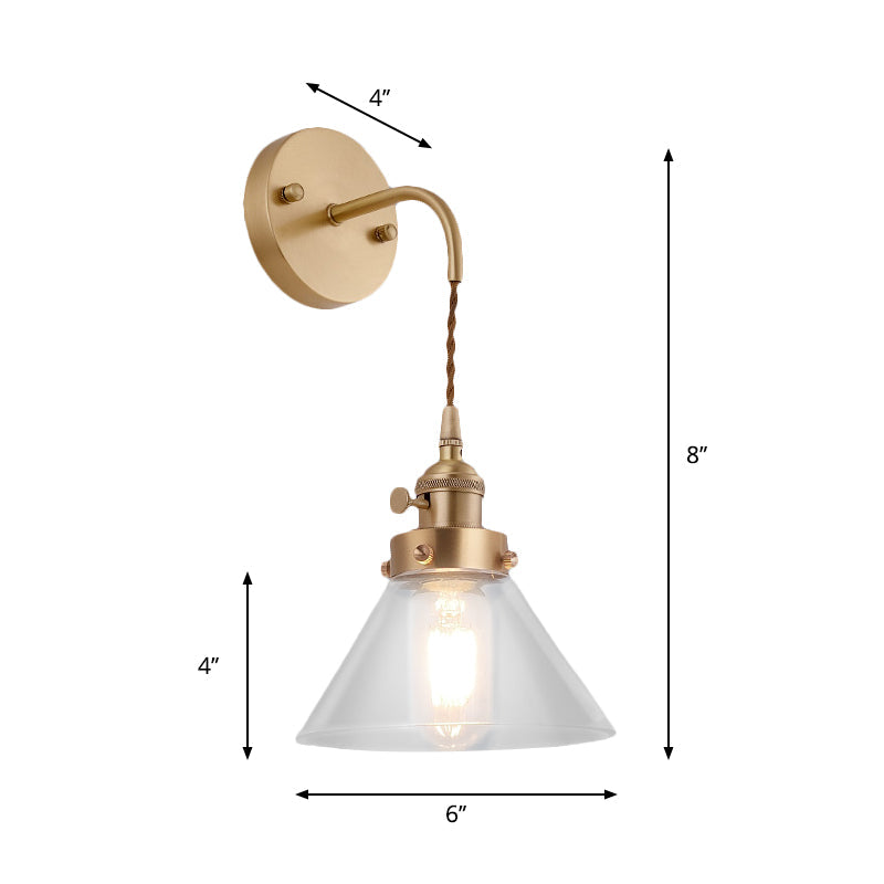 BowLift | Clear Conical Glass Shade Wall Lamp Vintage Retro 1 Light Wall Lamp Wall Light in Brass