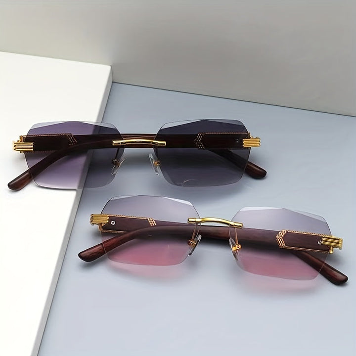 Rimless Sunglasses with Rectangular Lenses and Faux Wood Temples – Verro | Bowlift