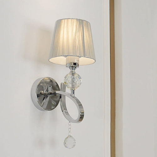 BowLift | Cone Shadow Bedroom Wall Light Fixture Fabric 1 Head Modernism Style Silver Wall Light with Clear Crystal Ball Deco