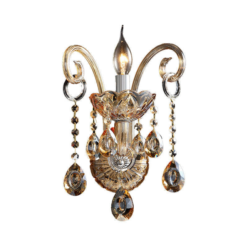 BowLift | Amber Glass Candle Holder Light Modernism 1/2 Heads Bedroom Wall Light Lamp with Crystal Drop Accent