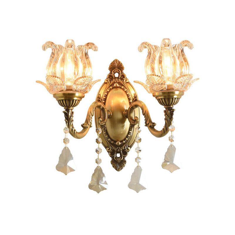 BowLift | Clear Glass Flower Wall Mounted Light Modern 1/2 Heads Brass Wall Light with Crystal Drops