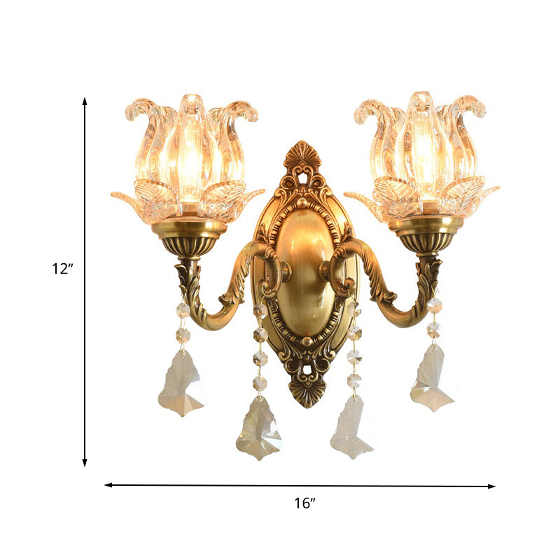 BowLift | Clear Glass Flower Wall Mounted Light Modern 1/2 Heads Brass Wall Light with Crystal Drops