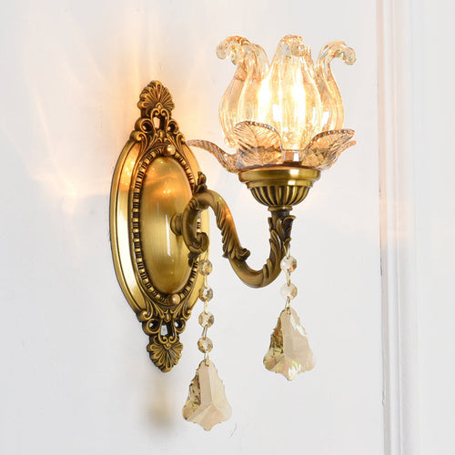 BowLift | Clear Glass Flower Wall Mounted Light Modern 1/2 Heads Brass Wall Light with Crystal Drops