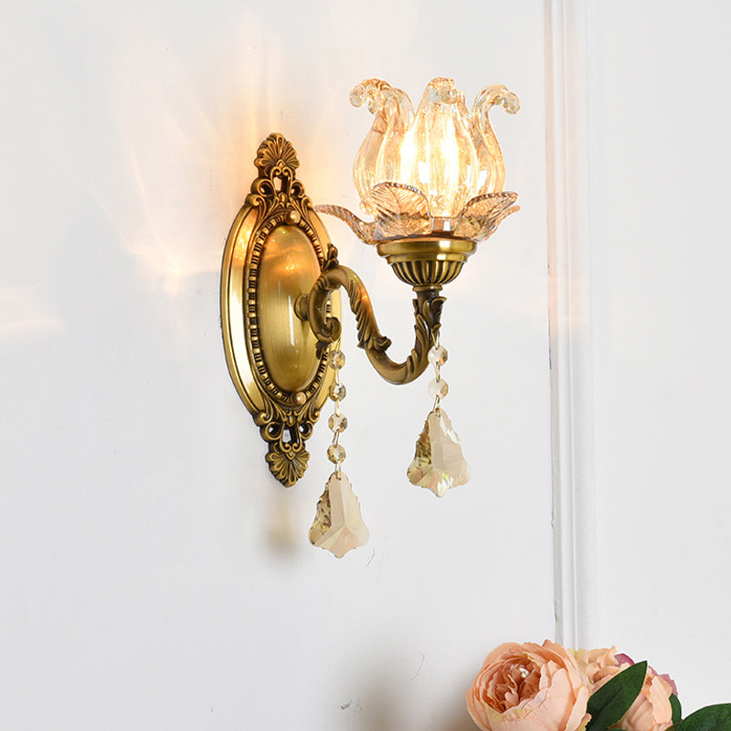 BowLift | Clear Glass Flower Wall Mounted Light Modern 1/2 Heads Brass Wall Light with Crystal Drops