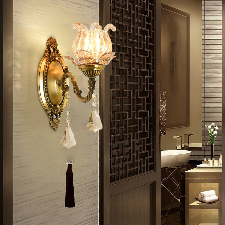 BowLift | Clear Glass Flower Wall Mounted Light Modern 1/2 Heads Brass Wall Light with Crystal Drops