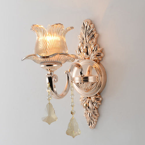 BowLift | Flower Wall Mounted Light Source Modern Prism Glass 1/2 Heads Brass Wall Lamp with Crystal Drop Accent