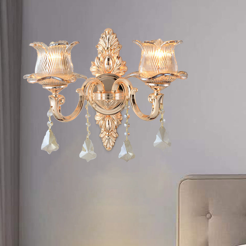 BowLift | Flower Wall Mounted Light Source Modern Prism Glass 1/2 Heads Brass Wall Lamp with Crystal Drop Accent