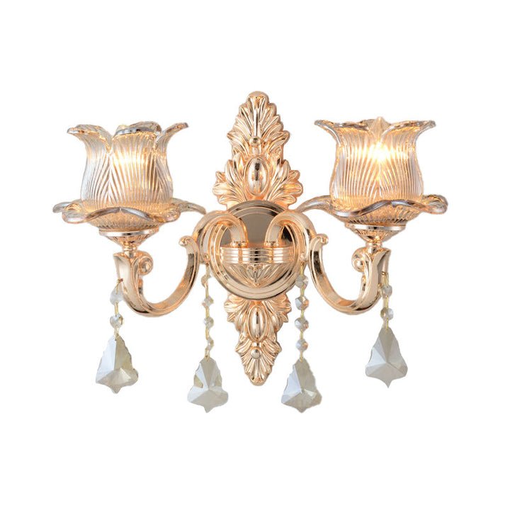 BowLift | Flower Wall Mounted Light Source Modern Prism Glass 1/2 Heads Brass Wall Lamp with Crystal Drop Accent