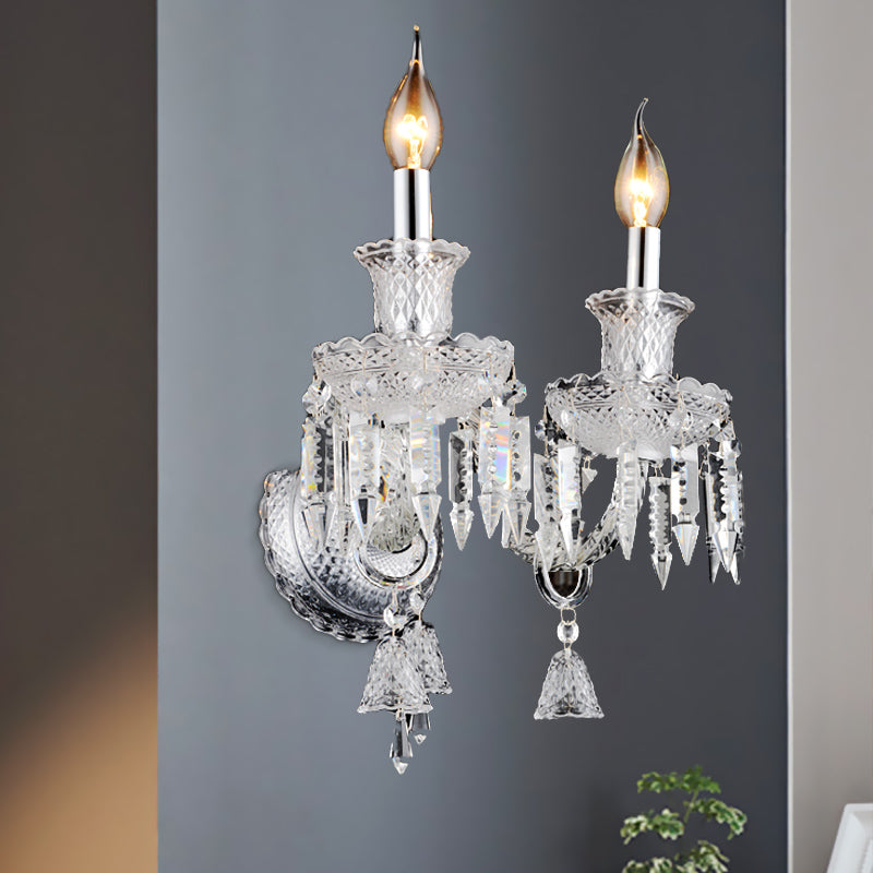 BowLift | Candle holder Clear Glass Wall Lamp Fixture Modern 1/2 Cups Chrome Wall Lamp with Diamond Shaped Crystal Decoration