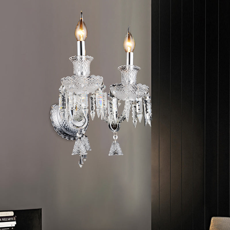 BowLift | Candle holder Clear Glass Wall Lamp Fixture Modern 1/2 Cups Chrome Wall Lamp with Diamond Shaped Crystal Decoration