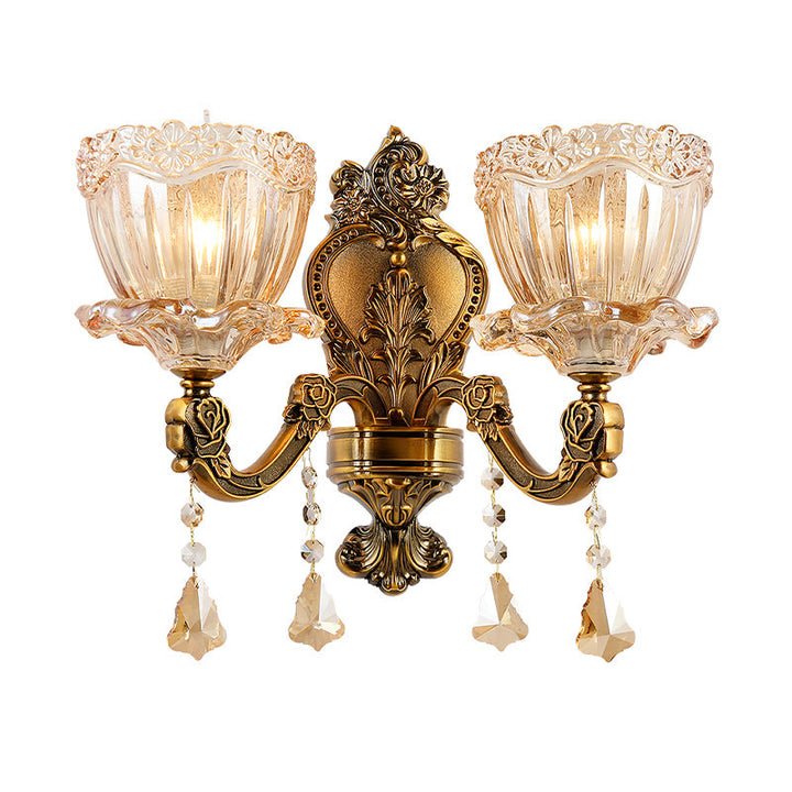 BowLift | Amber Glass Flower Wall Light Modern 1/2 Heads Brass Wall Lamp with K9 Crystal Drops