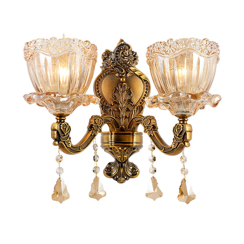 BowLift | Amber Glass Flower Wall Light Modern 1/2 Heads Brass Wall Lamp with K9 Crystal Drops