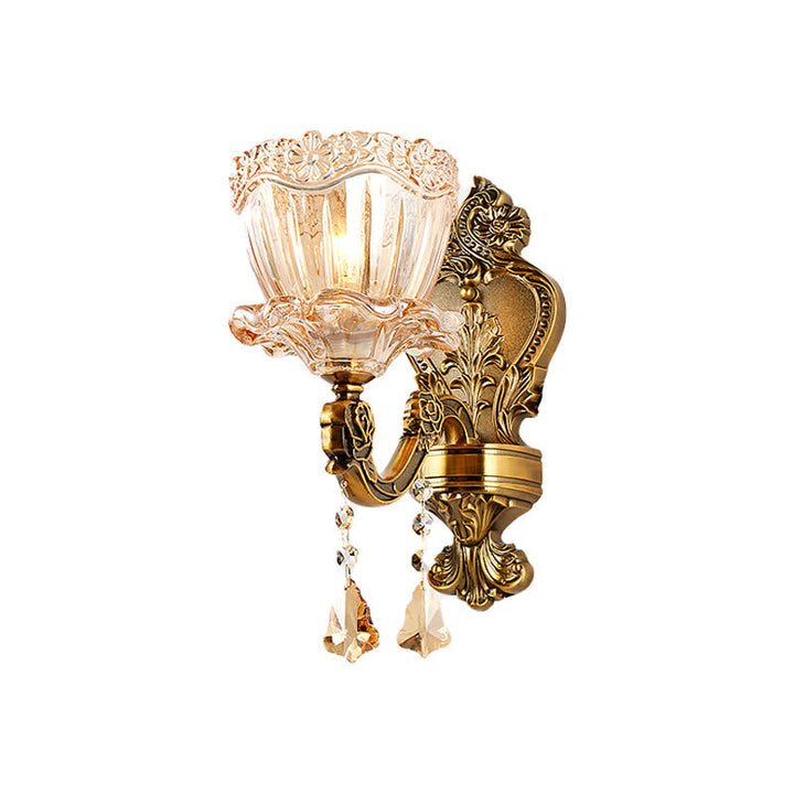 BowLift | Amber Glass Flower Wall Light Modern 1/2 Heads Brass Wall Lamp with K9 Crystal Drops