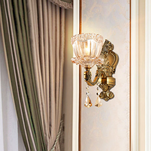 BowLift | Amber Glass Flower Wall Light Modern 1/2 Heads Brass Wall Lamp with K9 Crystal Drops