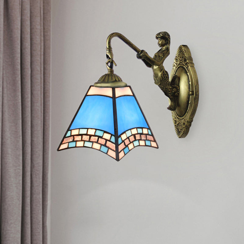 BowLift | Mediterranean Pyramid Wall Light Fixture 1 Head Blue Glass Wall Lamp with Mermaid Backplate