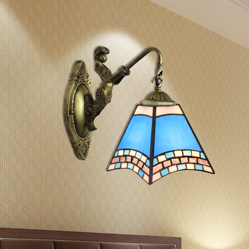 BowLift | Mediterranean Pyramid Wall Light Fixture 1 Head Blue Glass Wall Lamp with Mermaid Backplate