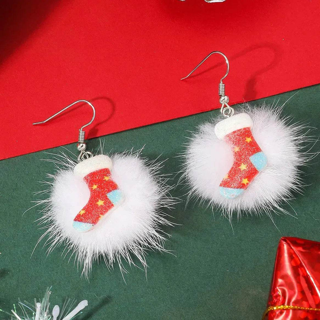 BowLift | Winter Snowflake Hair Ball Earrings Ins Cute Christmas Elk Santa Claus Stock Element Earrings Women Jewelry