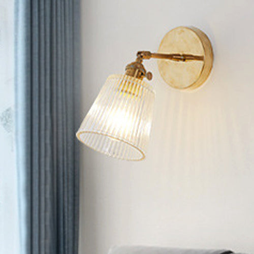 BowLift | 1 Light Clear Ribbed Glass Wall Lamp Light Industrial Brass Cone Living Room Lighting Fixture
