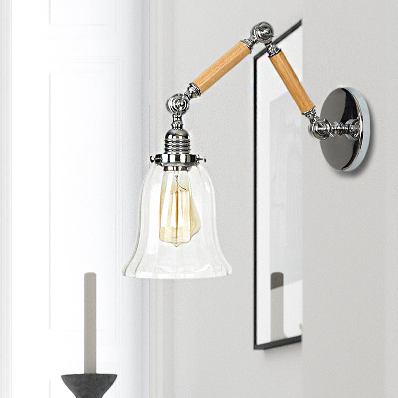 BowLift | Flared Living Room Wall Light Vintage Clear Glass Prism Glass 1 Light Chrome Wall Lamp with 8"+8"/6"+6"/8"+4" Wooden Arm