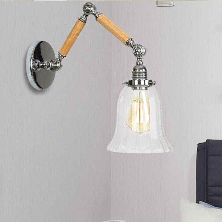 BowLift | Flared Living Room Wall Light Vintage Clear Glass Prism Glass 1 Light Chrome Wall Lamp with 8"+8"/6"+6"/8"+4" Wooden Arm