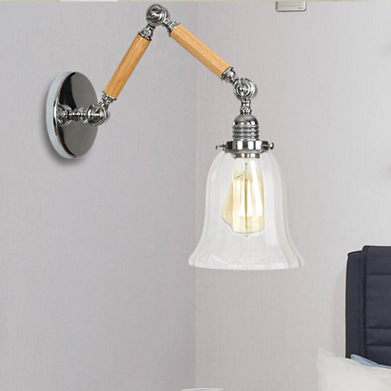 BowLift | Flared Living Room Wall Light Vintage Clear Glass Prism Glass 1 Light Chrome Wall Lamp with 8"+8"/6"+6"/8"+4" Wooden Arm