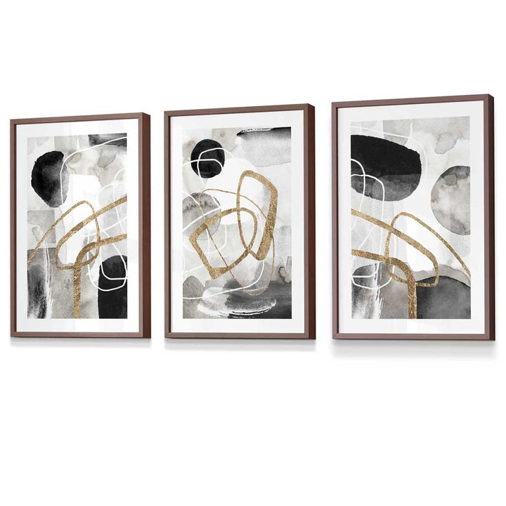 Abstract black, gray, and gold shapes set of 3 framed wall art prints | Bowlift