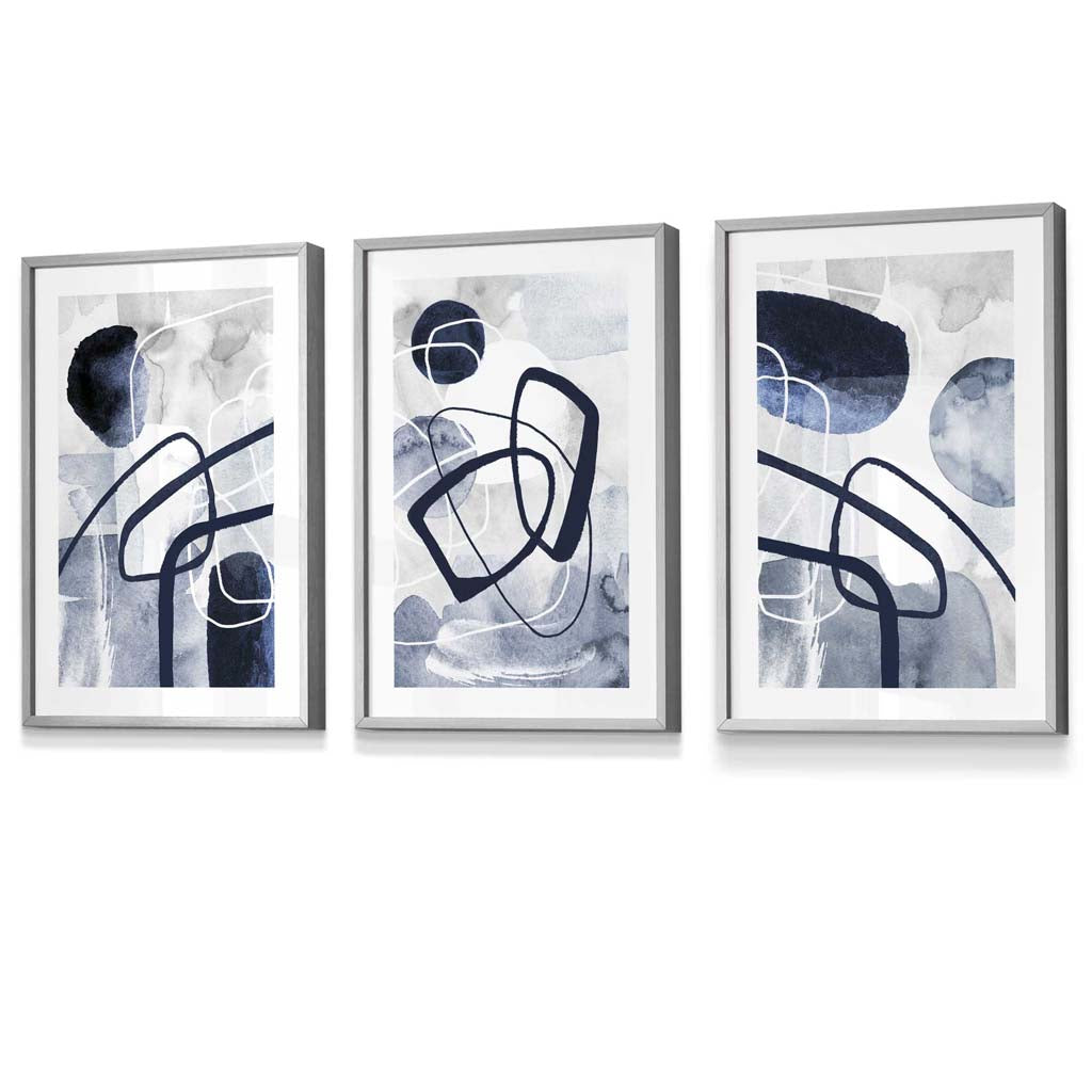 Abstract navy blue shapes set of 3 framed wall art prints | Bowlift